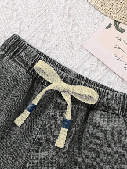 2pcs Baby Boy Knit Denim Loose Top And Shorts Set, Blue