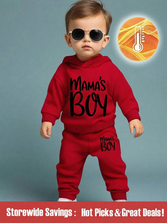 2pcs Baby Boy Red Autumn Fleece Pants Set,Cute MAMA'S BOY Letter Print Hoodie Sweatshirt,Matching Family Outfits For Fall/Winter Outings Holiday