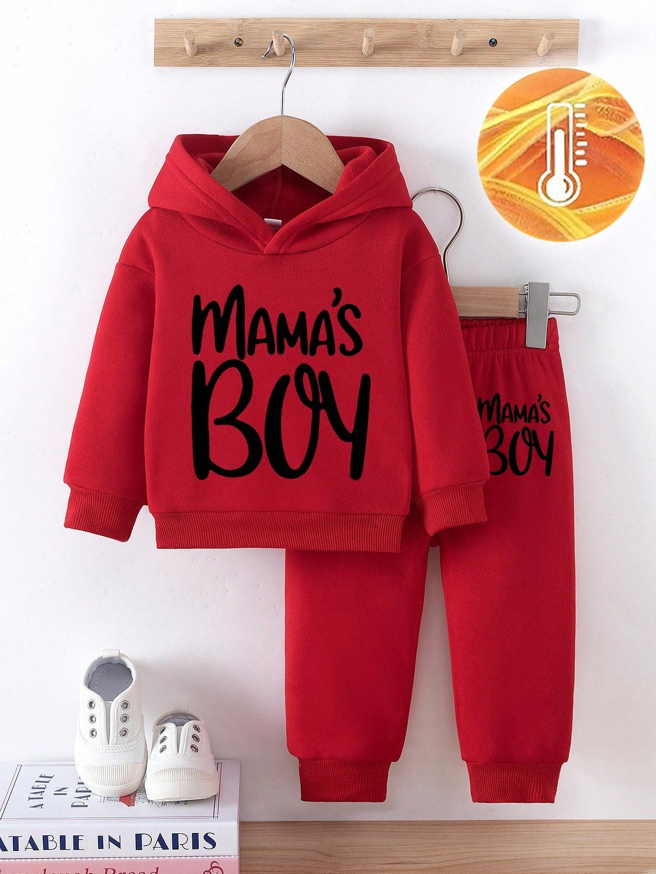 2pcs Baby Boy Red Autumn Fleece Pants Set,Cute MAMA'S BOY Letter Print Hoodie Sweatshirt,Matching Family Outfits For Fall/Winter Outings Holiday