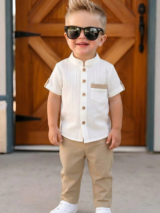 2pcs Baby Boy Vintage Stylish Set- 3D Striped Pocket Decor Collar Shirt And Solid Color Pants