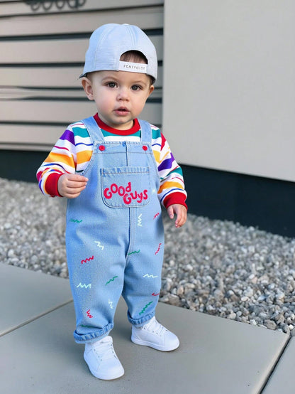 2pcs Baby Boys Cute Striped Contrast Color Drop Shoulder Autumn Hoodie & Embroidered Length Thermal Lined Overalls Set, Thick Warm For Winter