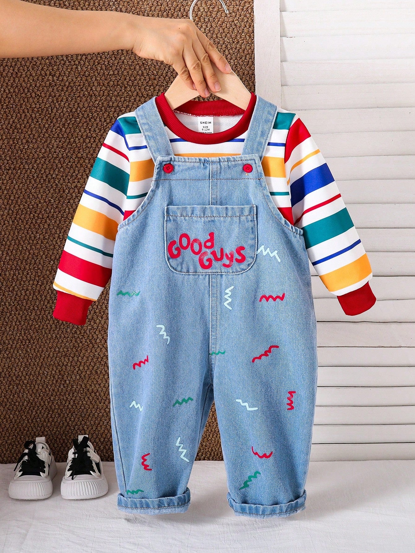 2pcs Baby Boys Cute Striped Contrast Color Drop Shoulder Autumn Hoodie & Embroidered Length Thermal Lined Overalls Set, Thick Warm For Winter