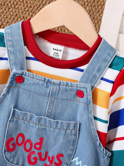 2pcs Baby Boys Cute Striped Contrast Color Drop Shoulder Autumn Hoodie & Embroidered Length Thermal Lined Overalls Set, Thick Warm For Winter