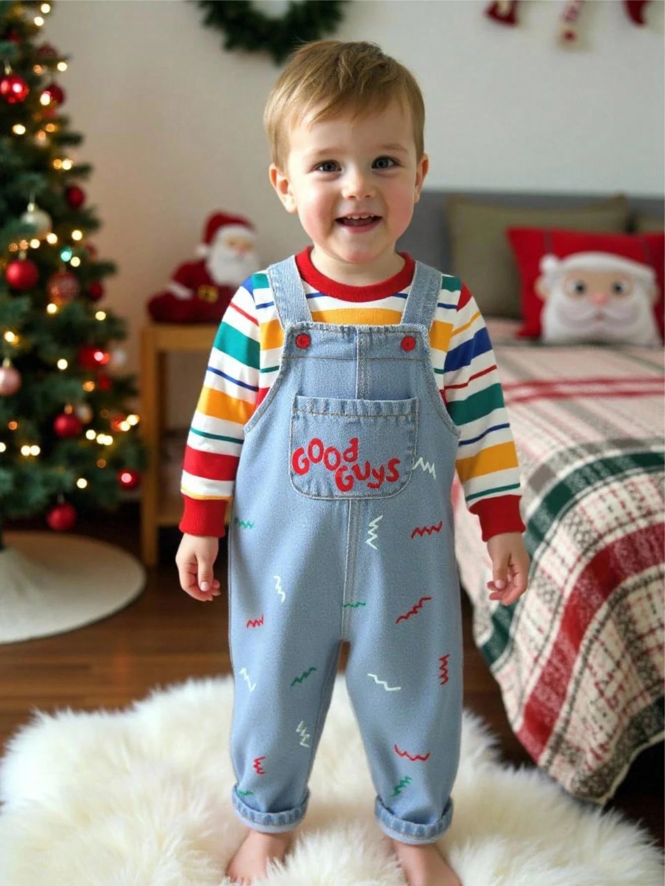 2pcs Baby Boys Cute Striped Contrast Color Drop Shoulder Autumn Hoodie & Embroidered Length Thermal Lined Overalls Set, Thick Warm For Winter
