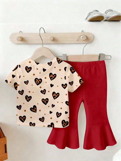 2pcs Baby Girl Red Summer Cute 2nd Birthday Outfit,Leopard Heart Print T-Shirt & Cherry Fruit Pattern Flare Pants Set,Short Sleeve Round Neck Top