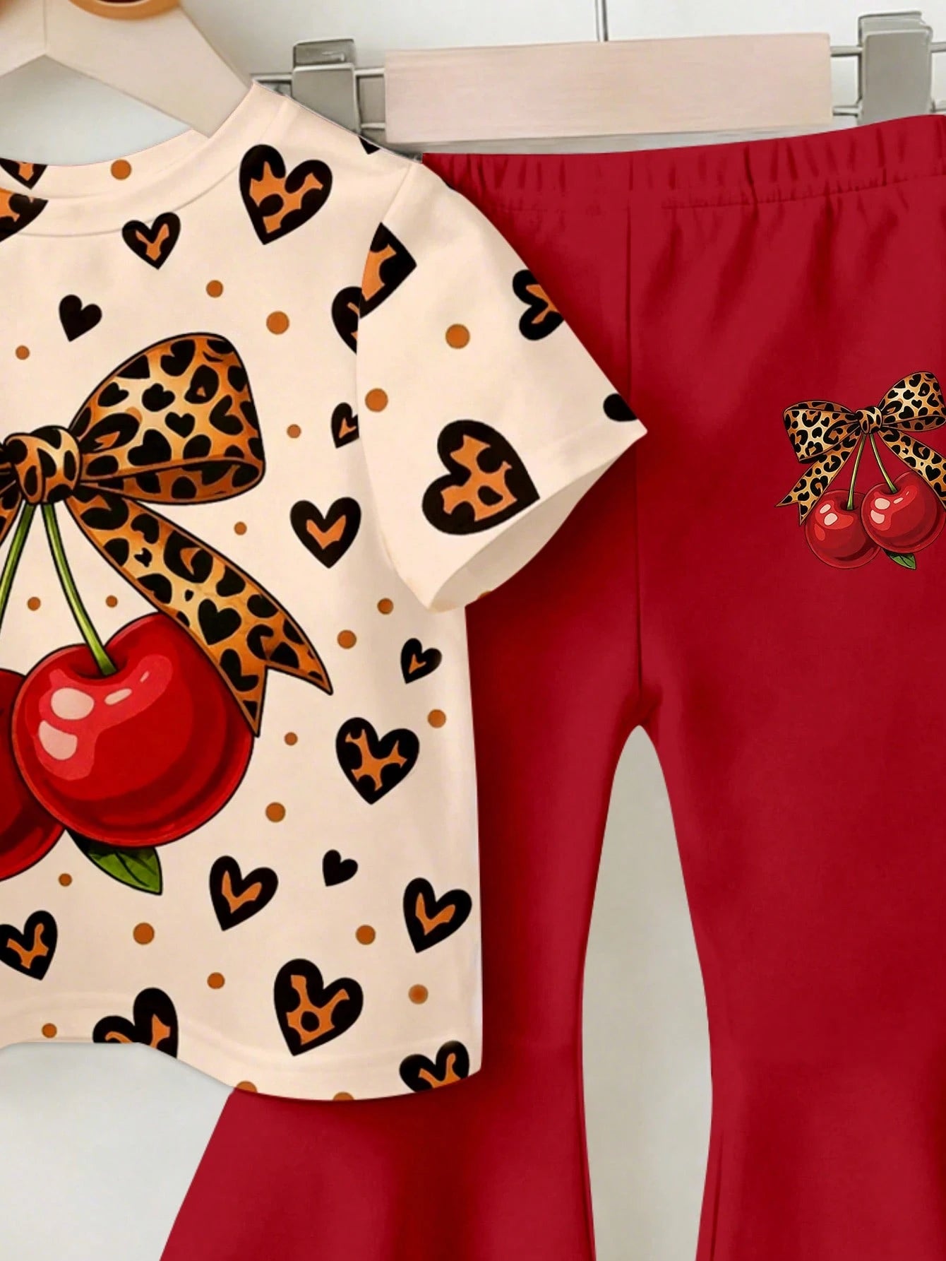 2pcs Baby Girl Red Summer Cute 2nd Birthday Outfit,Leopard Heart Print T-Shirt & Cherry Fruit Pattern Flare Pants Set,Short Sleeve Round Neck Top