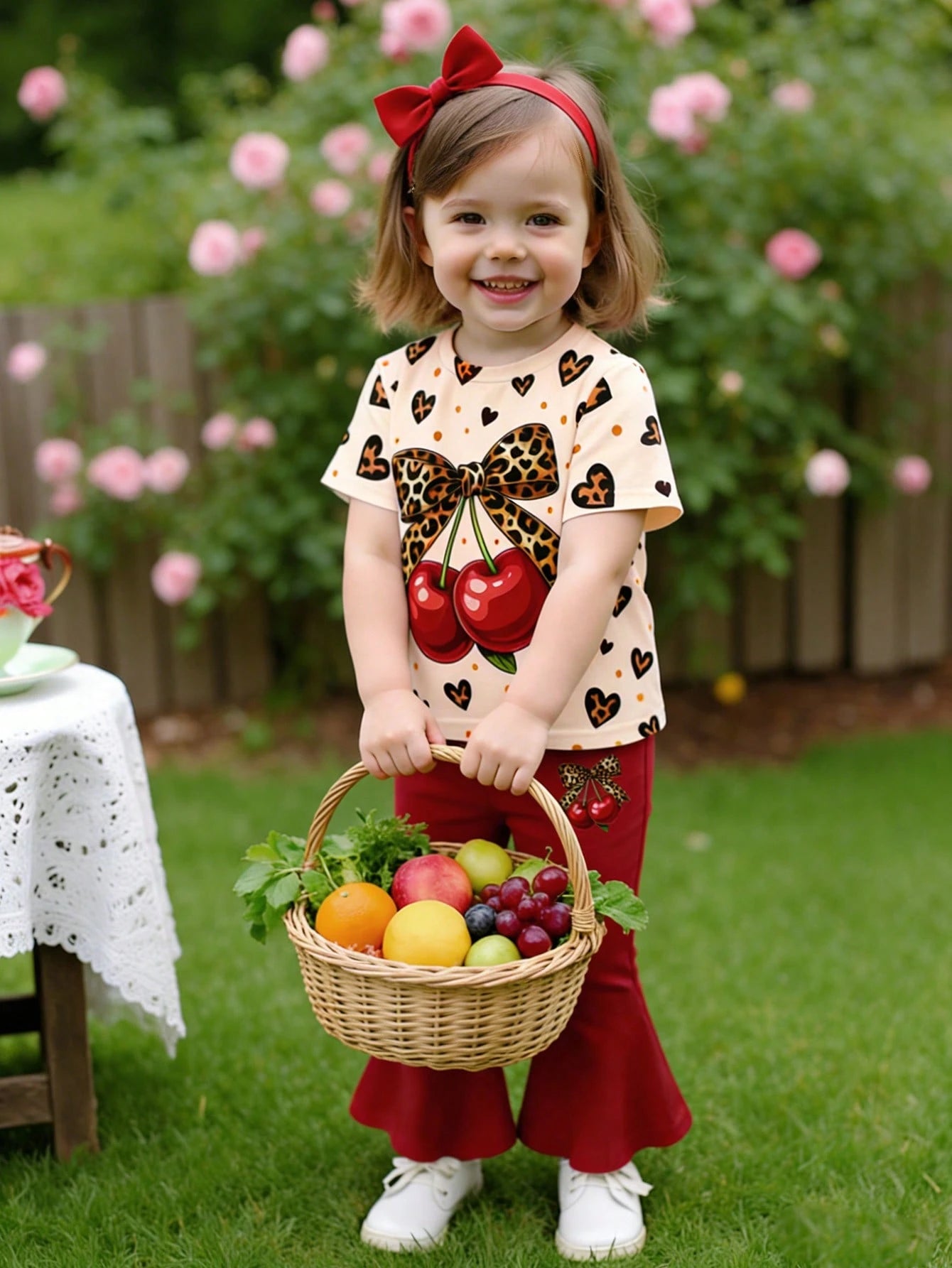 2pcs Baby Girl Red Summer Cute 2nd Birthday Outfit,Leopard Heart Print T-Shirt & Cherry Fruit Pattern Flare Pants Set,Short Sleeve Round Neck Top