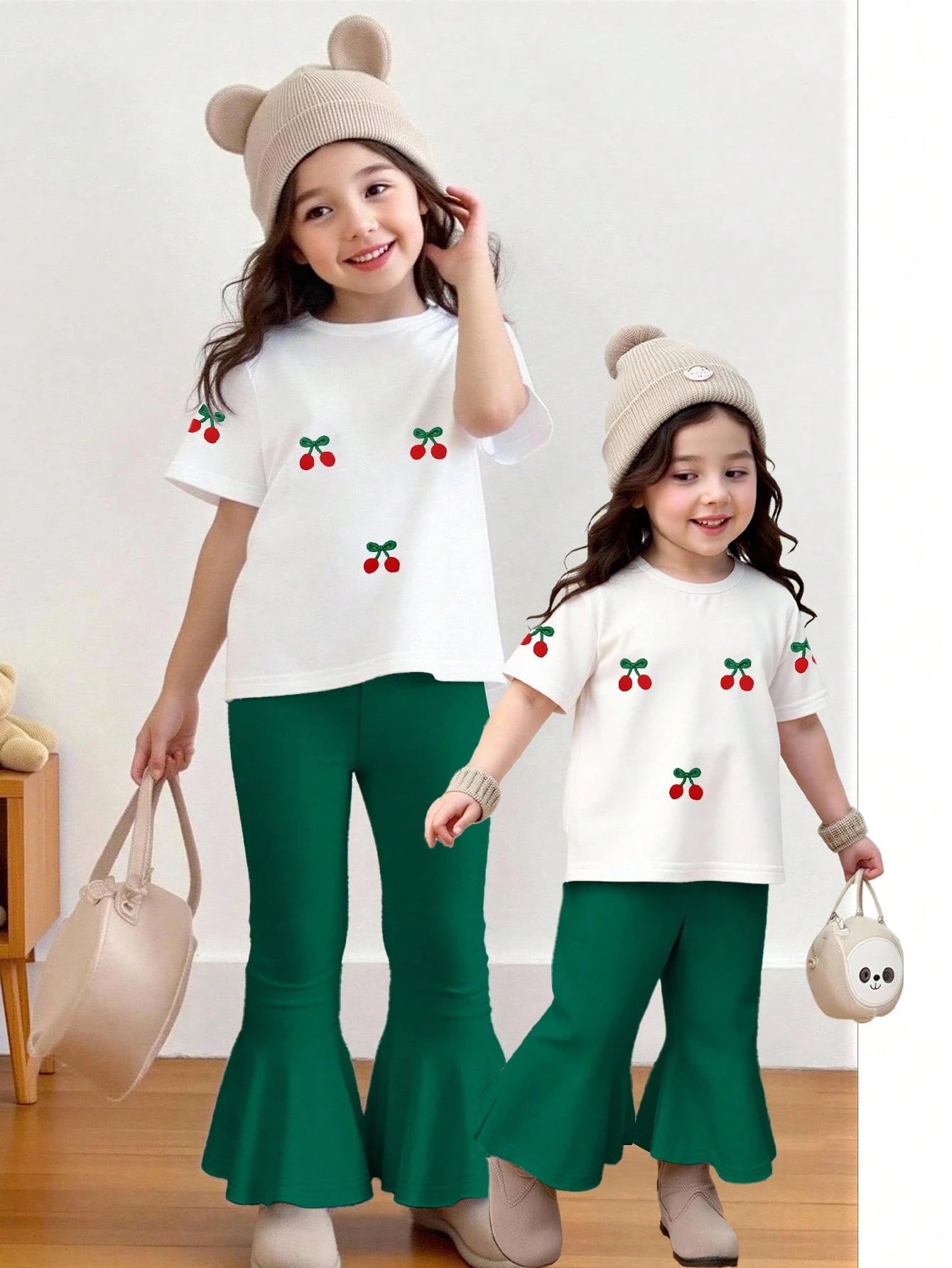 2pcs Baby Girl Red Summer Cute 2nd Birthday Outfit,Leopard Heart Print T-Shirt & Cherry Fruit Pattern Flare Pants Set,Short Sleeve Round Neck Top