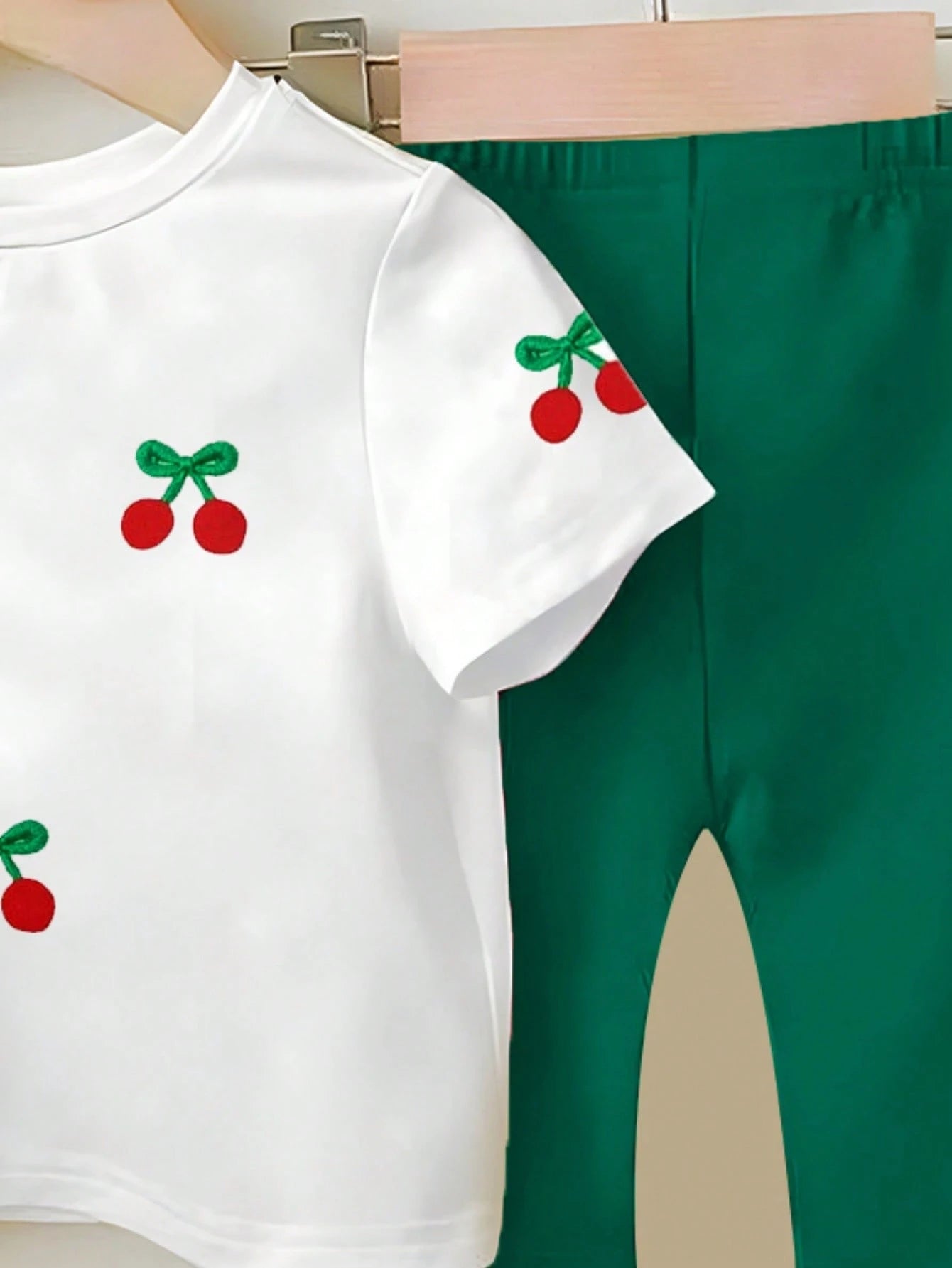 2pcs Baby Girl Red Summer Cute 2nd Birthday Outfit,Leopard Heart Print T-Shirt & Cherry Fruit Pattern Flare Pants Set,Short Sleeve Round Neck Top
