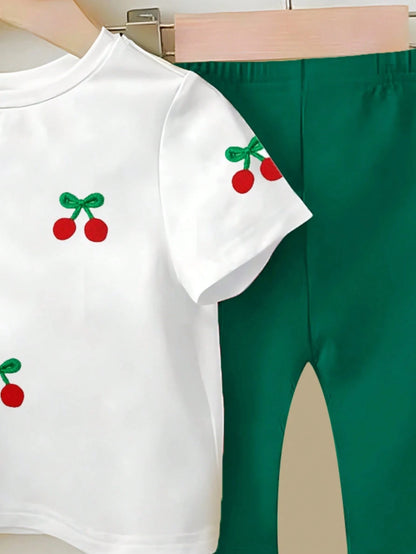 2pcs Baby Girl Red Summer Cute 2nd Birthday Outfit,Leopard Heart Print T-Shirt & Cherry Fruit Pattern Flare Pants Set,Short Sleeve Round Neck Top
