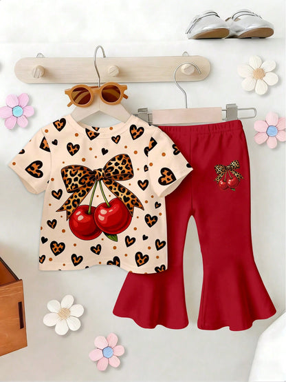 2pcs Baby Girl Red Summer Cute 2nd Birthday Outfit,Leopard Heart Print T-Shirt & Cherry Fruit Pattern Flare Pants Set,Short Sleeve Round Neck Top