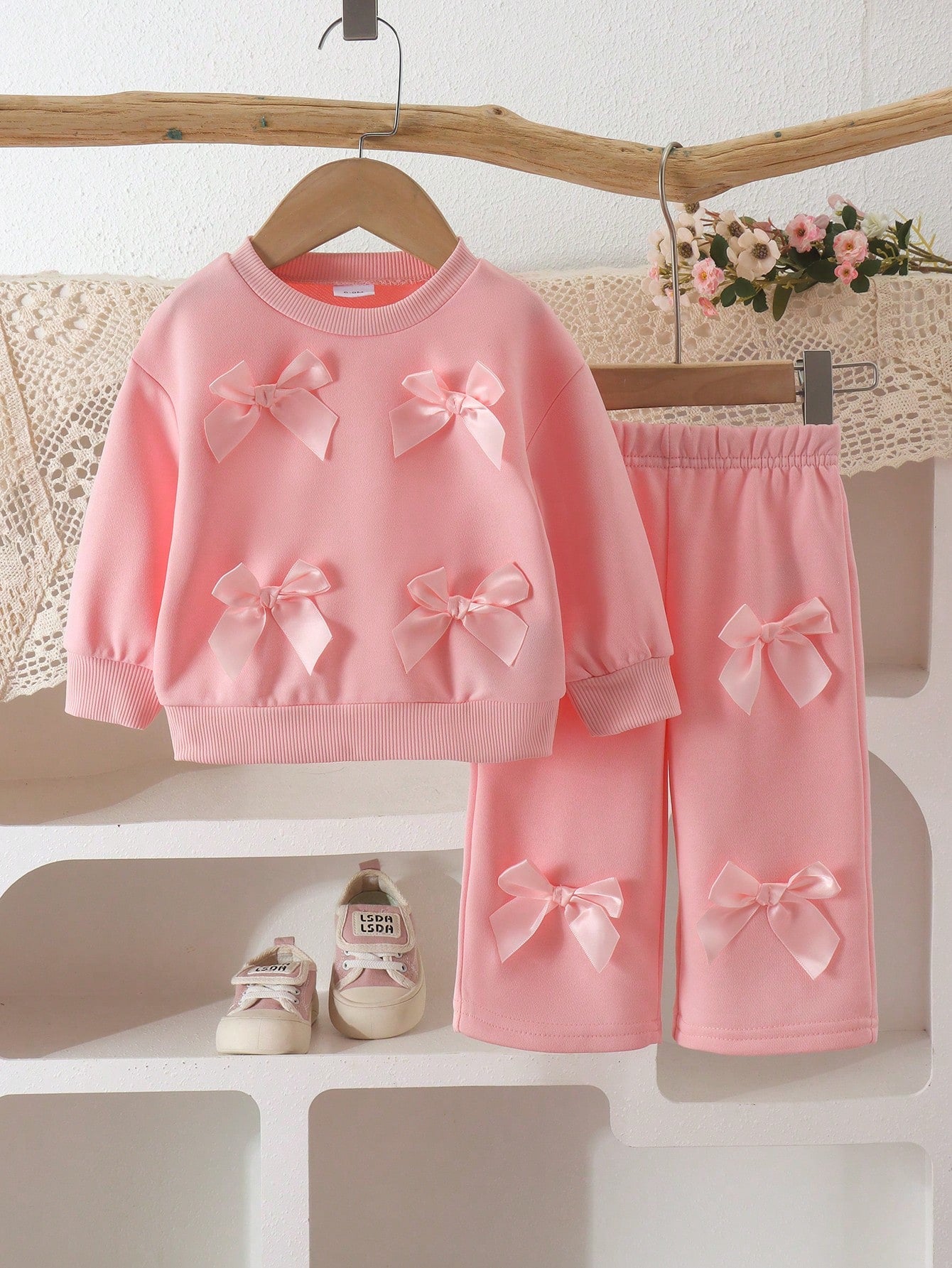 2pcs Baby Girl Sweet Casual 3D Pink Bow Long Sleeve Sweatshirt & Wide Leg Pants Set, Thin Spring/Autumn