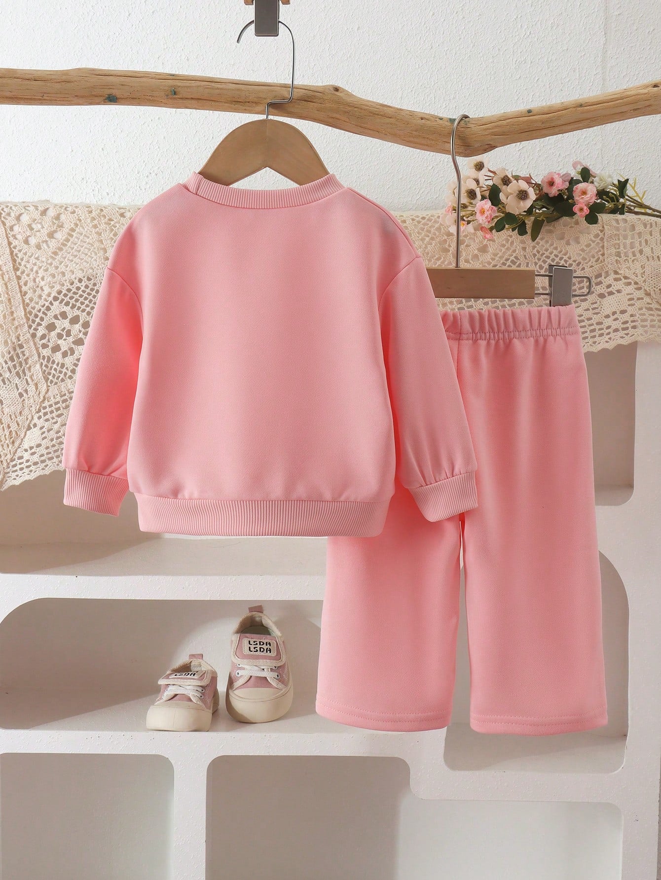 2pcs Baby Girl Sweet Casual 3D Pink Bow Long Sleeve Sweatshirt & Wide Leg Pants Set, Thin Spring/Autumn