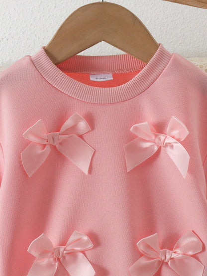 2pcs Baby Girl Sweet Casual 3D Pink Bow Long Sleeve Sweatshirt & Wide Leg Pants Set, Thin Spring/Autumn