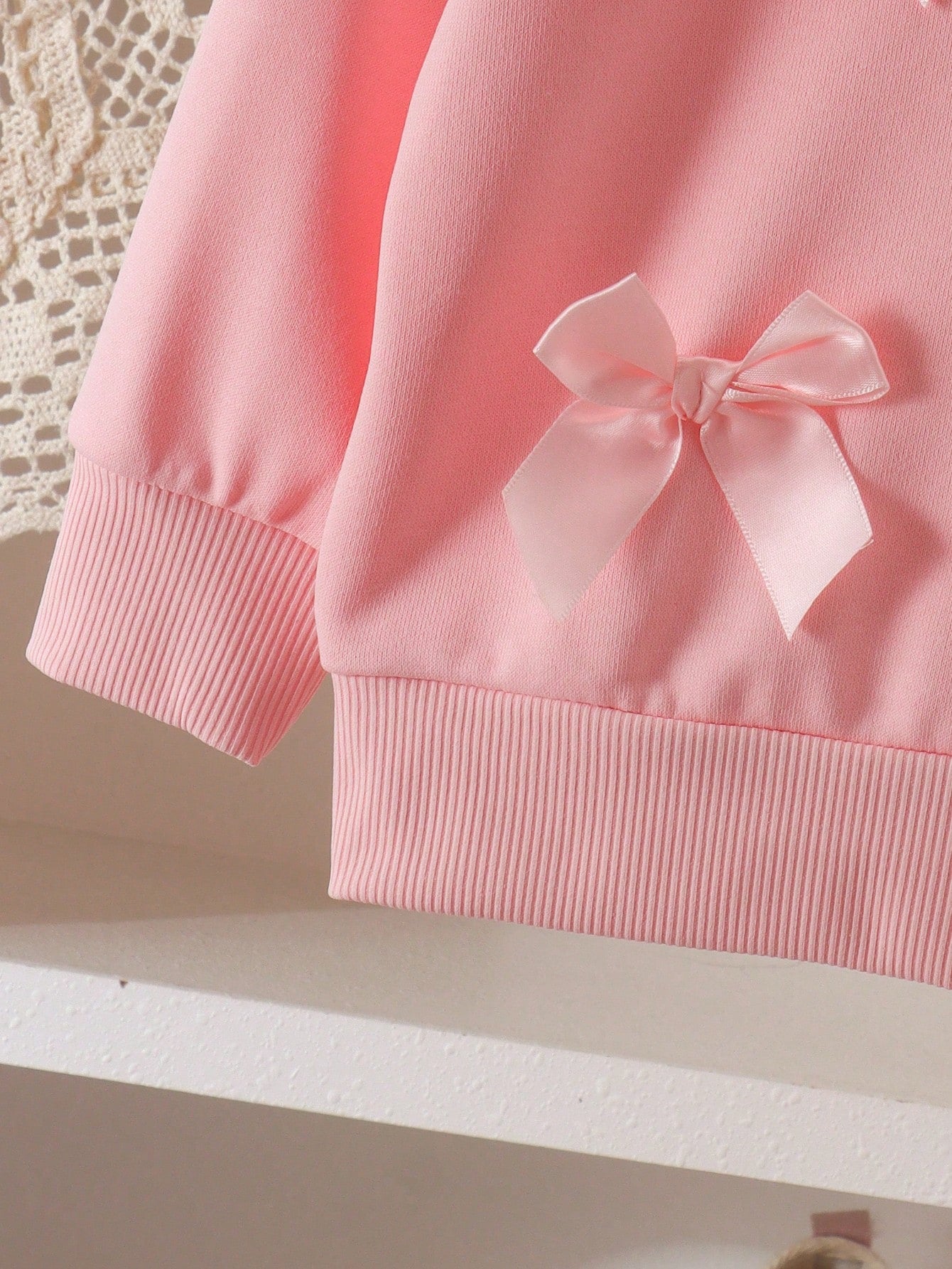 2pcs Baby Girl Sweet Casual 3D Pink Bow Long Sleeve Sweatshirt & Wide Leg Pants Set, Thin Spring/Autumn
