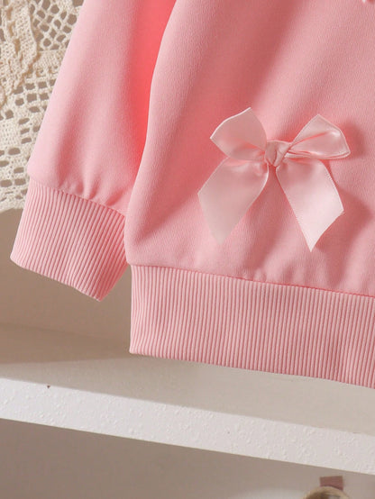 2pcs Baby Girl Sweet Casual 3D Pink Bow Long Sleeve Sweatshirt & Wide Leg Pants Set, Thin Spring/Autumn