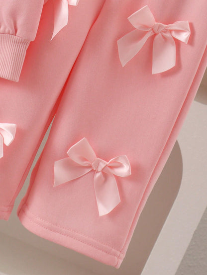 2pcs Baby Girl Sweet Casual 3D Pink Bow Long Sleeve Sweatshirt & Wide Leg Pants Set, Thin Spring/Autumn