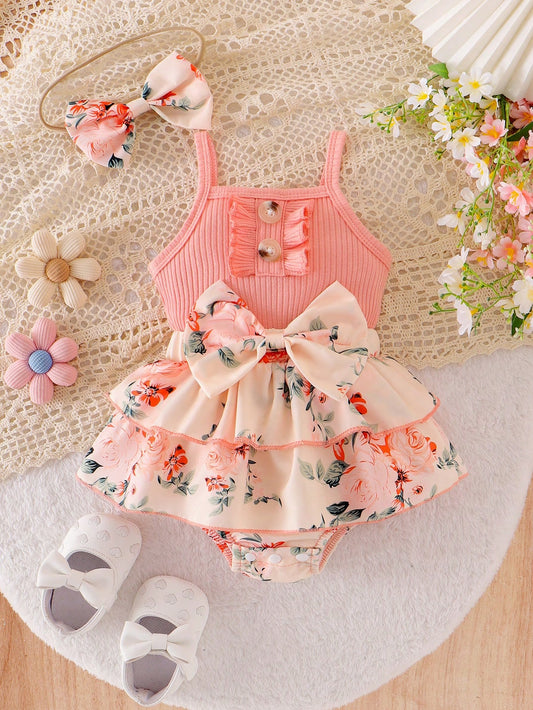 2pcs Baby Girls Floral Layered Ruffled Patchwork Bodysuit Dress With Bow Decoration, Cinched Waist, & Matching Headband/Hair Tie, Summer Countryside Style