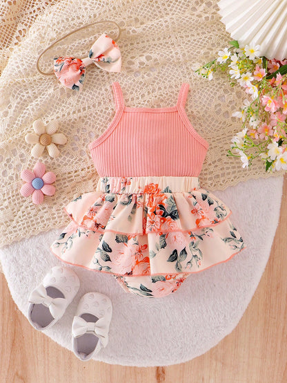 2pcs Baby Girls Floral Layered Ruffled Patchwork Bodysuit Dress With Bow Decoration, Cinched Waist, & Matching Headband/Hair Tie, Summer Countryside Style