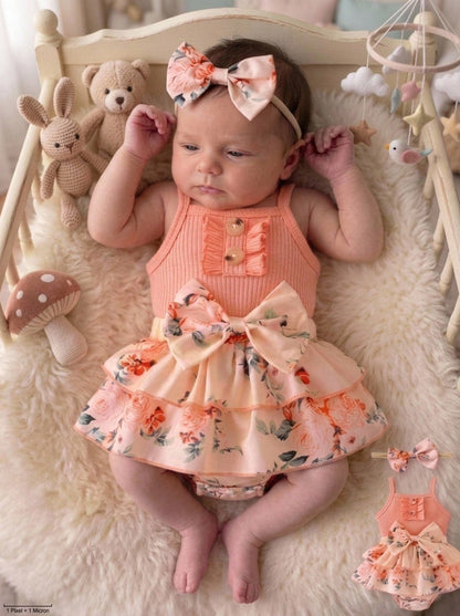 2pcs Baby Girls Floral Layered Ruffled Patchwork Bodysuit Dress With Bow Decoration, Cinched Waist, & Matching Headband/Hair Tie, Summer Countryside Style