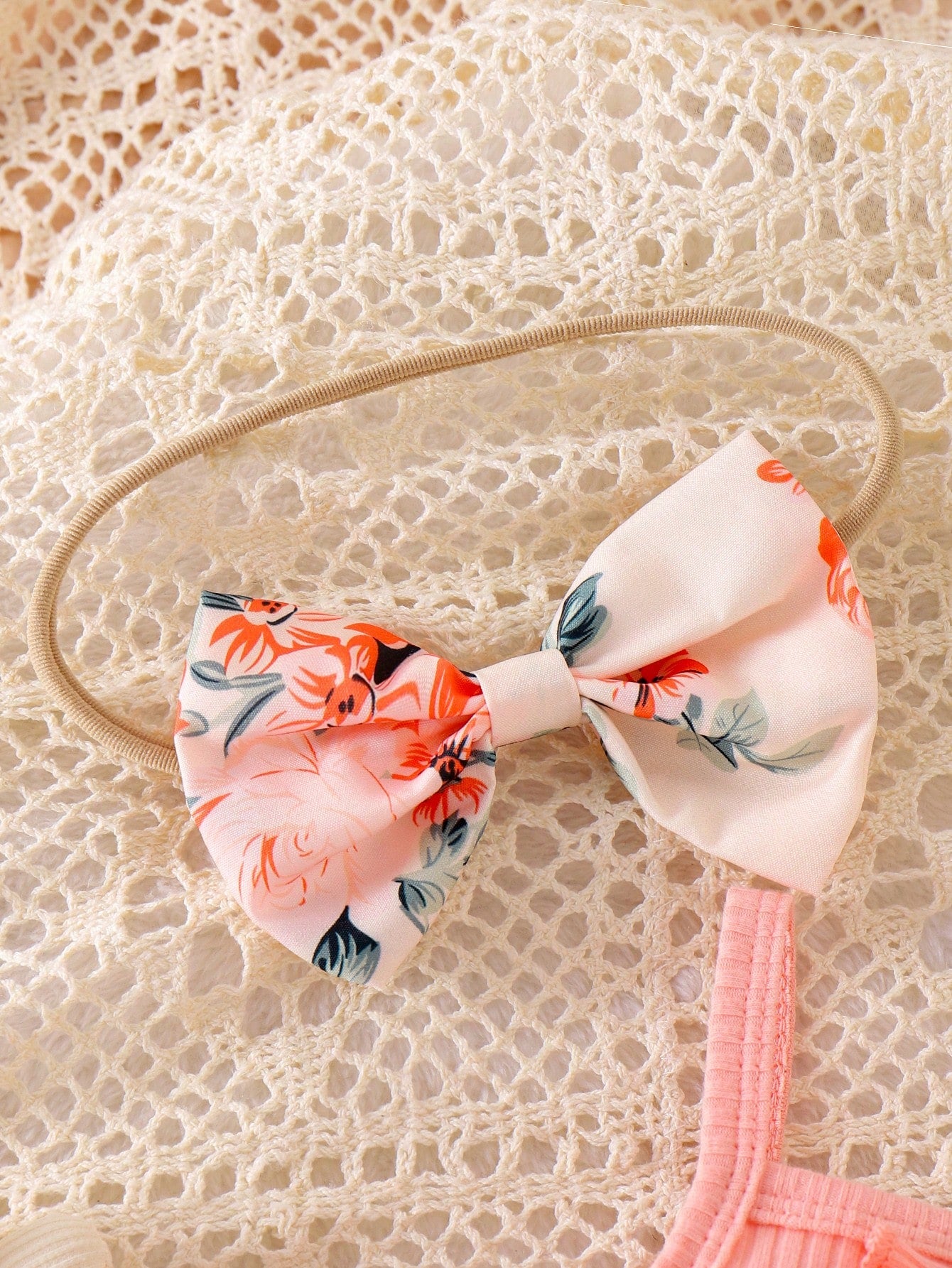 2pcs Baby Girls Floral Layered Ruffled Patchwork Bodysuit Dress With Bow Decoration, Cinched Waist, & Matching Headband/Hair Tie, Summer Countryside Style