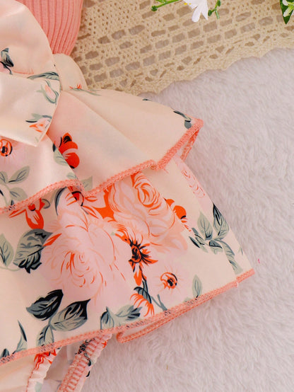 2pcs Baby Girls Floral Layered Ruffled Patchwork Bodysuit Dress With Bow Decoration, Cinched Waist, & Matching Headband/Hair Tie, Summer Countryside Style