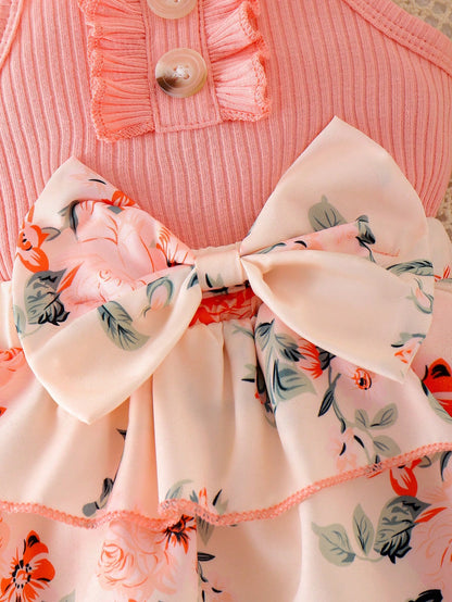 2pcs Baby Girls Floral Layered Ruffled Patchwork Bodysuit Dress With Bow Decoration, Cinched Waist, & Matching Headband/Hair Tie, Summer Countryside Style