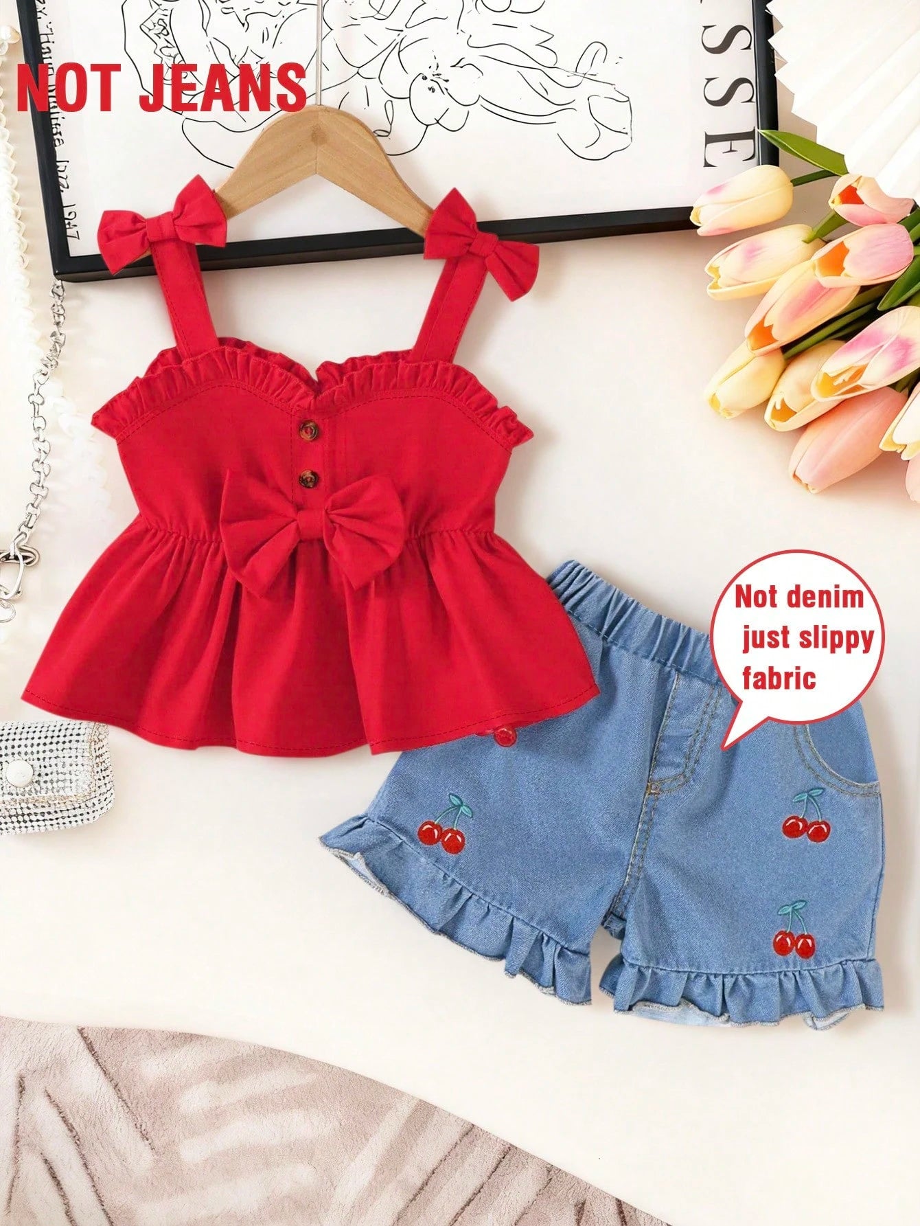 2pcs Baby Girls' Sweet Outfit, Red Camisole Top With Bow Decor & Cherry Print Shorts, Breathable & Comfortable Cute Summer Suit For Toddler Outings, New Stylish & Lively Daily Wear