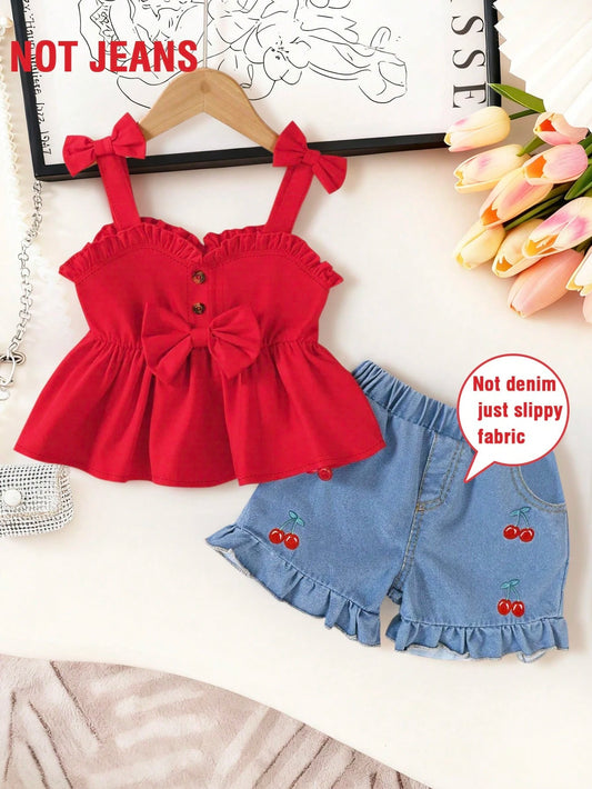 2pcs Baby Girls' Sweet Outfit, Red Camisole Top With Bow Decor & Cherry Print Shorts, Breathable & Comfortable Cute Summer Suit For Toddler Outings, New Stylish & Lively Daily Wear