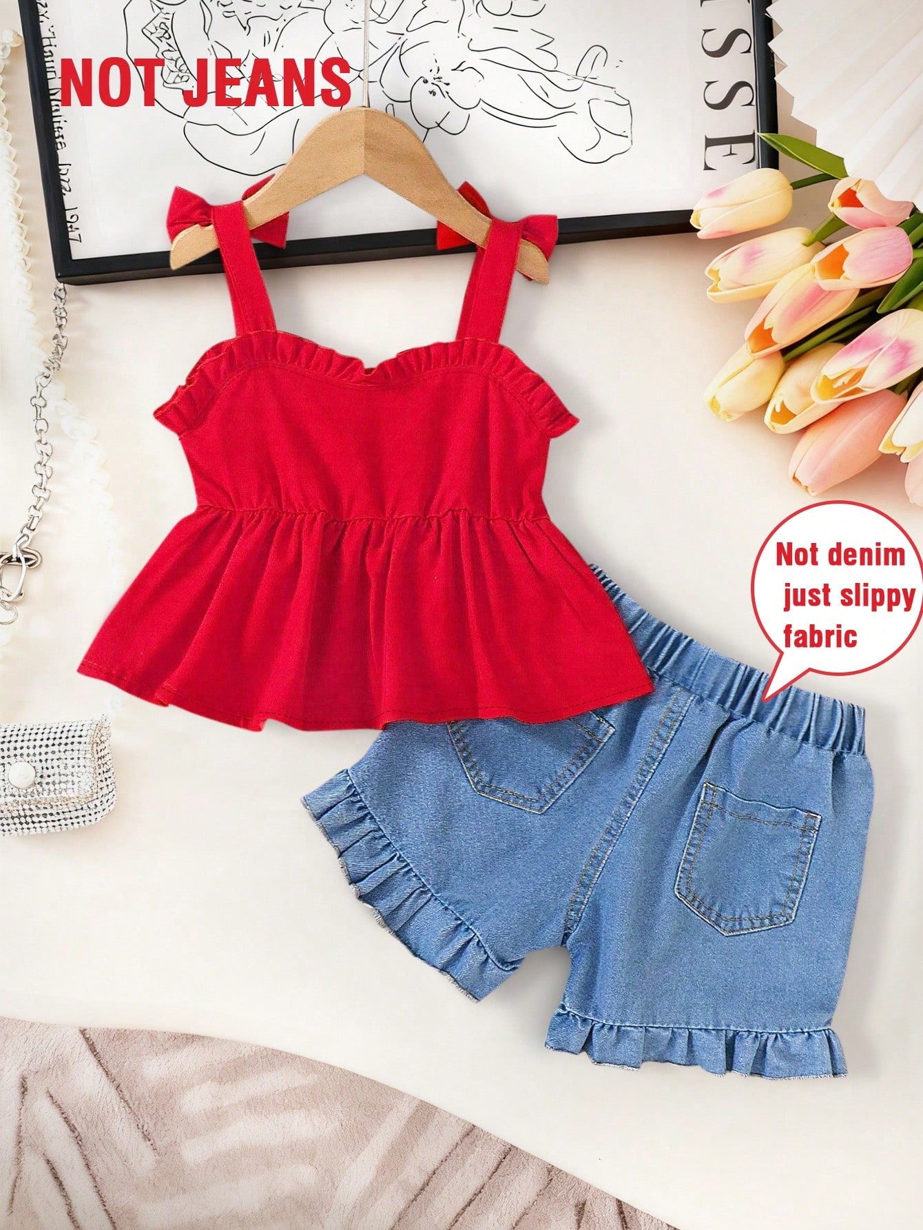 2pcs Baby Girls' Sweet Outfit, Red Camisole Top With Bow Decor & Cherry Print Shorts, Breathable & Comfortable Cute Summer Suit For Toddler Outings, New Stylish & Lively Daily Wear