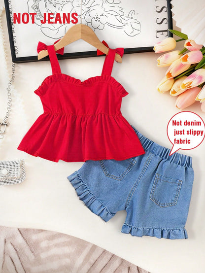 2pcs Baby Girls' Sweet Outfit, Red Camisole Top With Bow Decor & Cherry Print Shorts, Breathable & Comfortable Cute Summer Suit For Toddler Outings, New Stylish & Lively Daily Wear