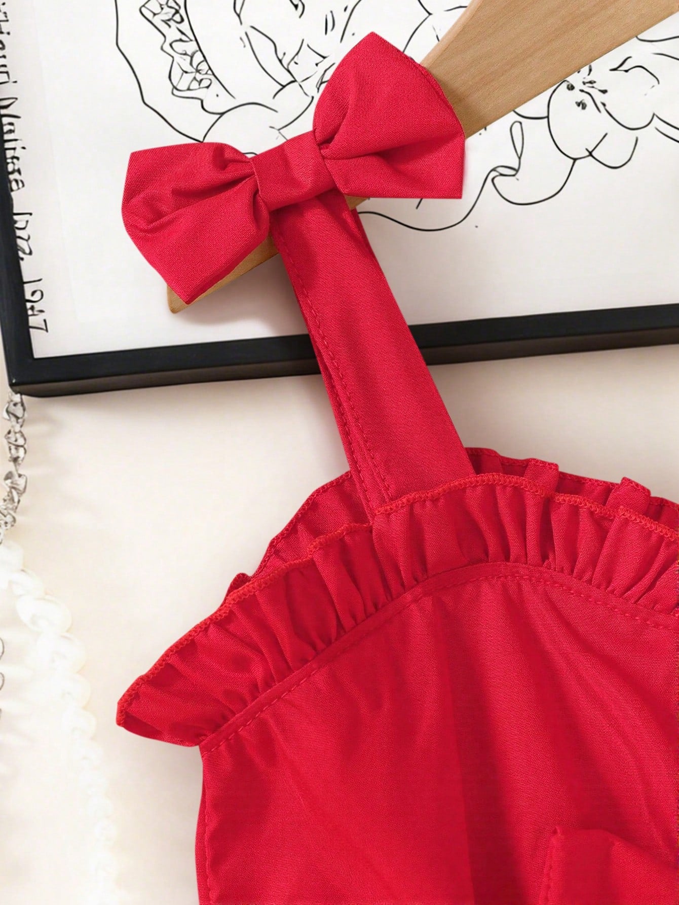 2pcs Baby Girls' Sweet Outfit, Red Camisole Top With Bow Decor & Cherry Print Shorts, Breathable & Comfortable Cute Summer Suit For Toddler Outings, New Stylish & Lively Daily Wear
