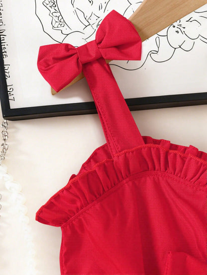 2pcs Baby Girls' Sweet Outfit, Red Camisole Top With Bow Decor & Cherry Print Shorts, Breathable & Comfortable Cute Summer Suit For Toddler Outings, New Stylish & Lively Daily Wear