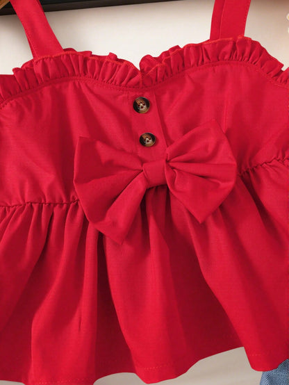 2pcs Baby Girls' Sweet Outfit, Red Camisole Top With Bow Decor & Cherry Print Shorts, Breathable & Comfortable Cute Summer Suit For Toddler Outings, New Stylish & Lively Daily Wear