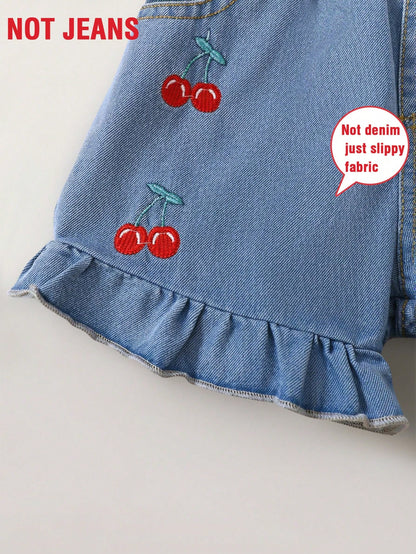 2pcs Baby Girls' Sweet Outfit, Red Camisole Top With Bow Decor & Cherry Print Shorts, Breathable & Comfortable Cute Summer Suit For Toddler Outings, New Stylish & Lively Daily Wear