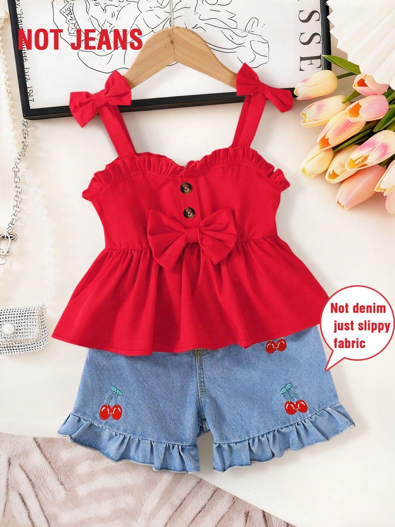 2pcs Baby Girls' Sweet Outfit, Red Camisole Top With Bow Decor & Cherry Print Shorts, Breathable & Comfortable Cute Summer Suit For Toddler Outings, New Stylish & Lively Daily Wear