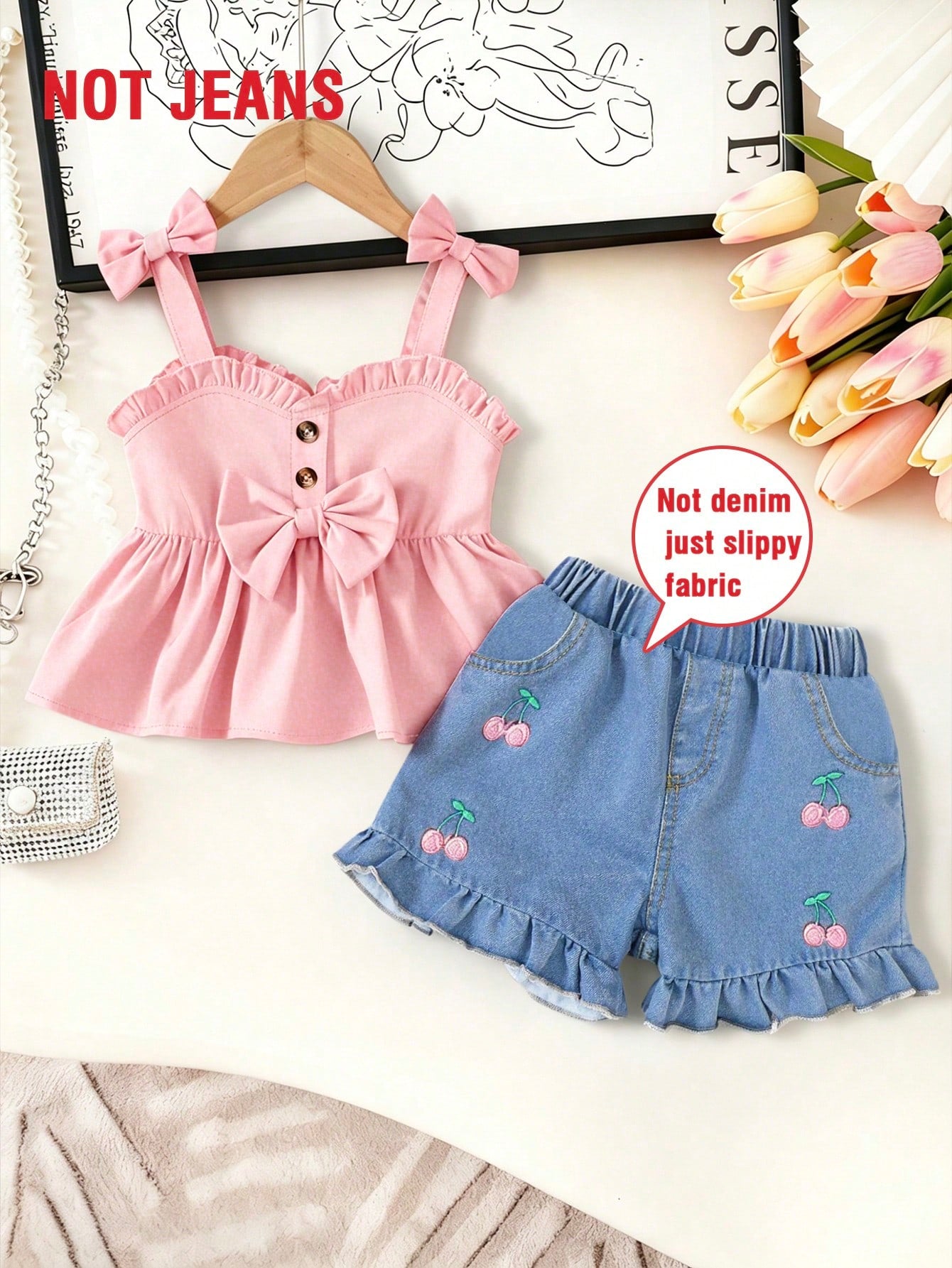 2pcs Baby Girls' Sweet Outfit, Red Camisole Top With Bow Decor & Cherry Print Shorts, Breathable & Comfortable Cute Summer Suit For Toddler Outings, New Stylish & Lively Daily Wear