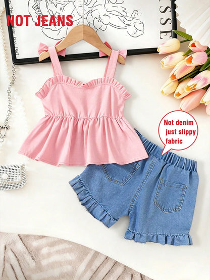 2pcs Baby Girls' Sweet Outfit, Red Camisole Top With Bow Decor & Cherry Print Shorts, Breathable & Comfortable Cute Summer Suit For Toddler Outings, New Stylish & Lively Daily Wear