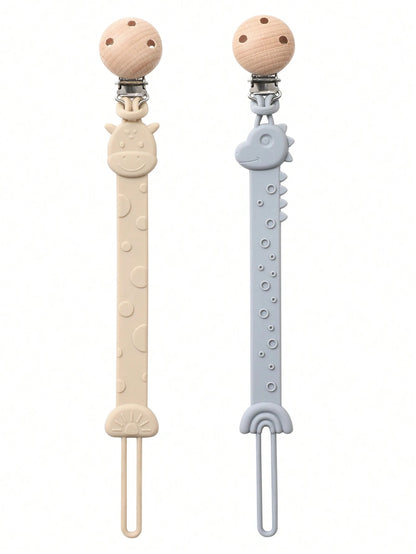 2pcs Baby Silicone Pacifier Clips, Dinosaur & Giraffe Pattern, Anti-Drop Pacifier Clips, Teething Clips, Baby Supplies, Newborn Gift