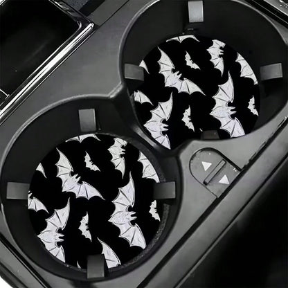 2pcs Bat Car Cup Holder Mats, Black Glitter Non-Slip Cup Coasters, Halloween Gothic Car Interior Accessories