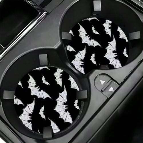 2pcs Bat Car Cup Holder Mats, Black Glitter Non-Slip Cup Coasters, Halloween Gothic Car Interior Accessories