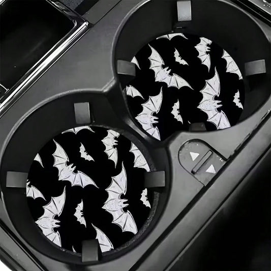 2pcs Bat Car Cup Holder Mats, Black Glitter Non-Slip Cup Coasters, Halloween Gothic Car Interior Accessories