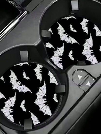 2pcs Bat Car Cup Holder Mats, Black Glitter Non-Slip Cup Coasters, Halloween Gothic Car Interior Accessories