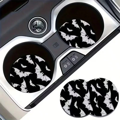 2pcs Bat Car Cup Holder Mats, Black Glitter Non-Slip Cup Coasters, Halloween Gothic Car Interior Accessories