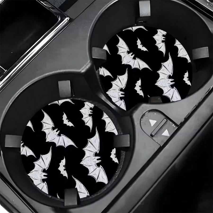 2pcs Bat Car Cup Holder Mats, Black Glitter Non-Slip Cup Coasters, Halloween Gothic Car Interior Accessories