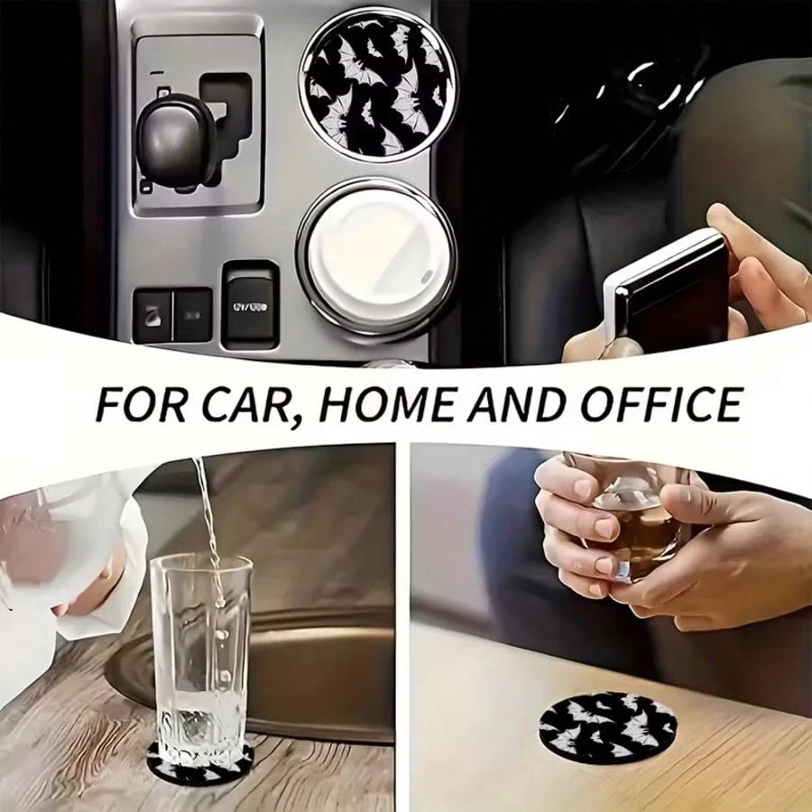 2pcs Bat Car Cup Holder Mats, Black Glitter Non-Slip Cup Coasters, Halloween Gothic Car Interior Accessories