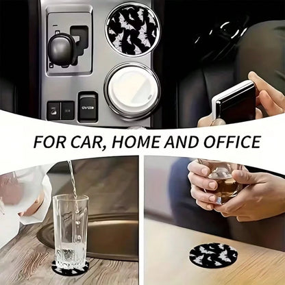 2pcs Bat Car Cup Holder Mats, Black Glitter Non-Slip Cup Coasters, Halloween Gothic Car Interior Accessories