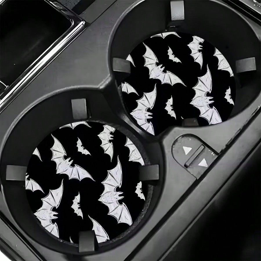 2pcs Bat Car Cup Holder Mats, Black Glitter Non-Slip Cup Coasters, Halloween Gothic Car Interior Accessories
