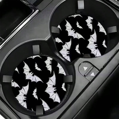 2pcs Bat Car Cup Holder Mats, Black Glitter Non-Slip Cup Coasters, Halloween Gothic Car Interior Accessories