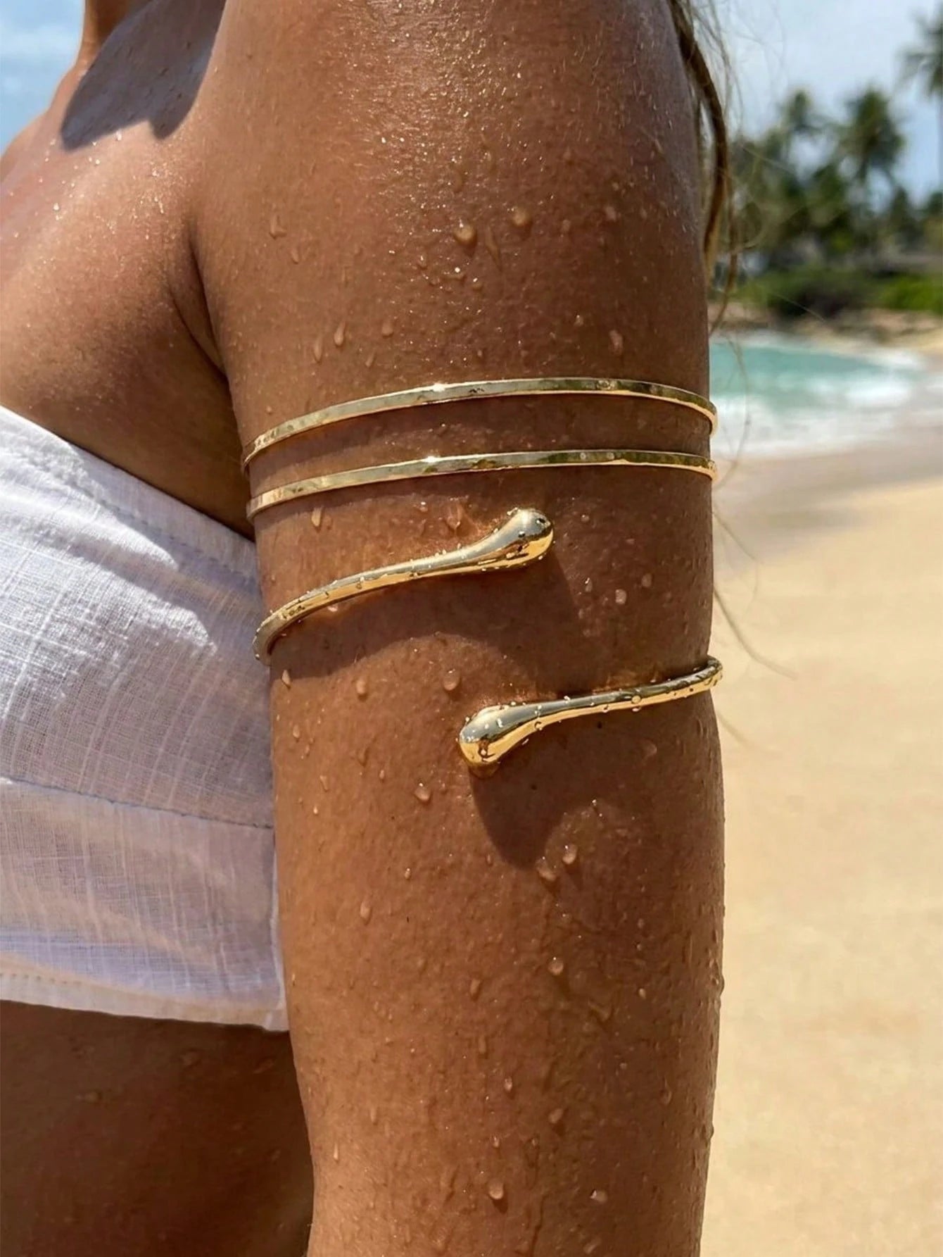 2pcs Bohemian Vacation Casual Design Line Lava Open Arm Chain Fashion Liquid Style Plain Water Drop Metal Arm Bracelet For Women, Suitable For Party, Gift For Friends And Family, Daily Wear, Travel